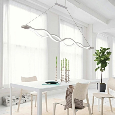 White Acrylic Linear Island Pendant Modern Dining Room 41 Inchs Long Wave Design LED Island Light