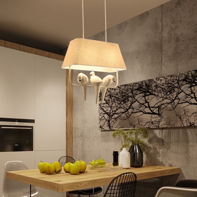 White Fabric Shade Pendant Modern Living Room Birds Decoration 2-Light Hanging Lamp