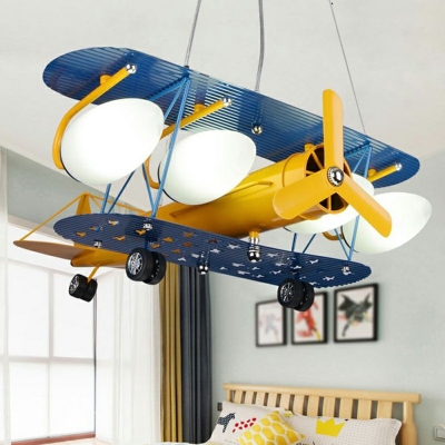 5-Lights Cartoon Shaped Hanging Light Propeller Airplane Design Children Room Lighting Fixture in Blue and Yellow and White