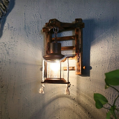 Aged Wood Ladder Backplate Wall Sconce Lantern Glass Shade 1-Light Wall Lamp