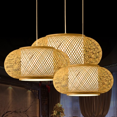 Asian Ceiling Fixture Drum Bamboo Shade with 1 Light Circle Metal Ceiling Mount Single Pendant for Restaurant