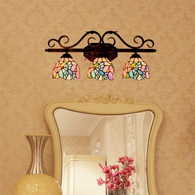 Bathroom Tiffany Dome Wall Light Sconce Multi-Color 3 Lights Metal Wall Mounted Mirror Front with Glass Shade