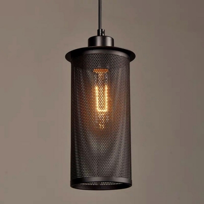 Black 1-Light Ceiling Hanging Lantern Industrial Iron Cylindrical Mesh Cage 4 Inchs Wide Pendant Light for Bistro