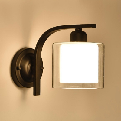Black Single-Light Wall Sconce Retro Clear and Frosted Glass Cylindrical 8 Inchs Height Wall Mount Light for Bedroom