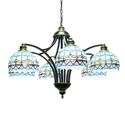 Blue Domed Chandelier Pendant Light Mediterranean 6 Lights Stained Glass Hanging Lamp