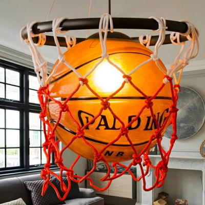Creative Glass Basketball Shape Light with Nets Single Light Decorative Arts Hanging Light for Bedroom in Orange