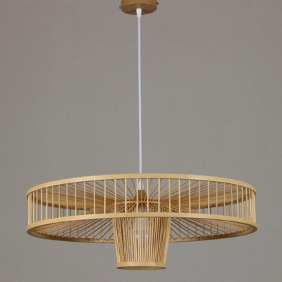 Cylinder Bamboo Ceiling Lamp Asian 1 Bulb Wooden with Barrel Shade Hanging Pendant Light for Restaurant