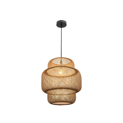 Cylinder Cage Asian Style Living Room Pendant Beige Bamboo 1-Bulb Hanging Lantern