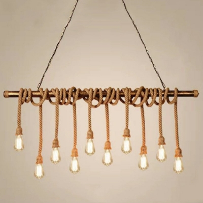 Flaxen Exposed Bulb Design Hanging Lamp Lodge Hemp Rope Dinette Island Light for Restaurant