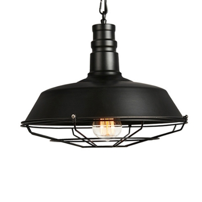 Industrial Kitchen 1-Bulb Pendant in Black Pot Lid Form Iron Hanging Lamp with Cage