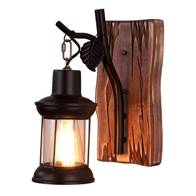 Industrial Wooden Siding Sconce Light Branch Arm Indoor Decoration Wall Lighting with Suspended Guard in Black