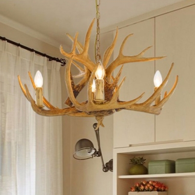 Light Wood Antler Pendant Lighting with Candle Design Country Style Resin Chandelier with 19.5 Inchs Height Adjustable Chain
