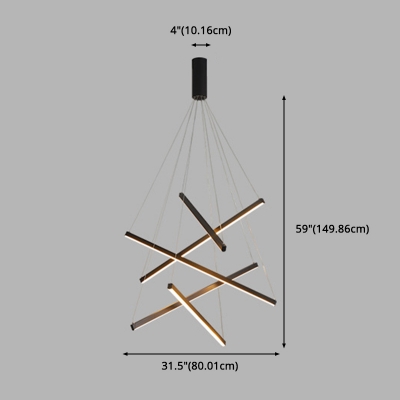 Metal Crossed Rod Suspension Lighting Modern Bedroom Linear Black LED Chandelier