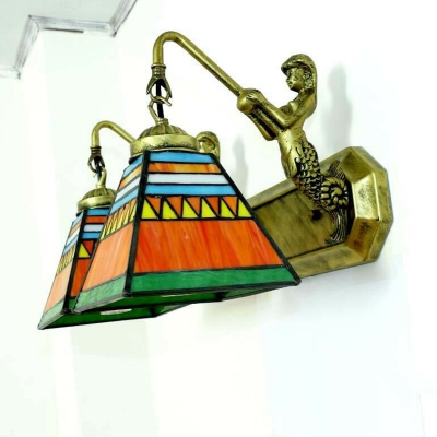 Metal Mermaid Arm Craftsman Style Pyramid Multicolored Glass Wall Lamp