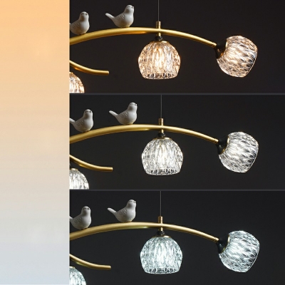 Pineapple Texture Glass Shade Island Light Ceramic Bird 4 Bulbs Brass Branch Shaped Lighting Fixture for Dining Room