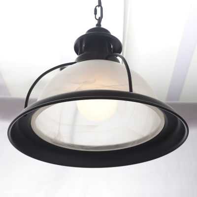 Vintage Dome Pendant with Ribbed Glass Single Head Suspended Light in Black Finish for Corridor Hallway