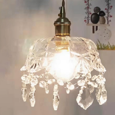 Vintage Hanging Light with Textured Glass Shade Single Light 8 Inchs Wide Pendant Lamp in Polished Brass with Teardrop Shaped Crystal