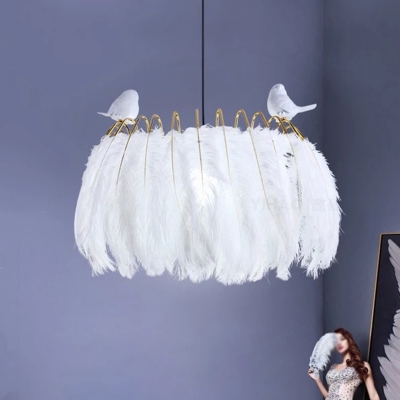 Birds Decoration Feather Shade Pendant Nordic Living Room Hook White 1-Bulb Hanging Lamp