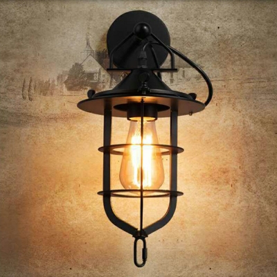 Black Metal Wire Glass Guard Wall Lamp Industrial Clear Shade 1-Bulb Wall Sconce