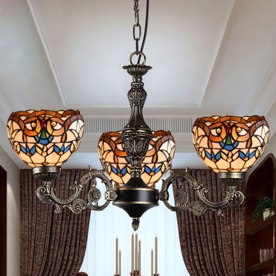 Brown Dome Hanging Lamp Tiffany Style Victorian Stained Glass Chandelier for Living Room Dining Room