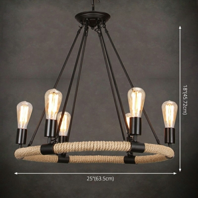 Brown Natural Rope Industrial Restaurant Suspension Light Ring Bare Bulbs Chandelier