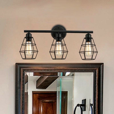 Diamond Cage Shade Industrial Wall Mounted Lamp 3 Lights Metallic Vanity Sconce in Black