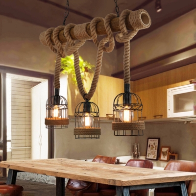 Industrial Style Island Light Beige Bamboo 3 Bulbs with Cage Bar Decorative Island Pendant