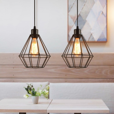 Iron Cage Black Pendant 8 Inchs Wide Industrial Living Room Diamond Form 1-Bulb Hanging Lamp