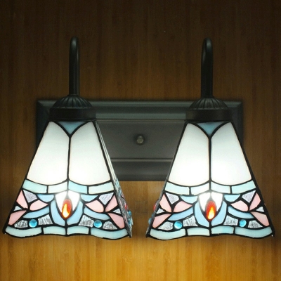 Mediterranean Style Vanity Wall Light 2 Bulbs Metal Arm Tiffany Vanity Light for Corridor Bathroom in Multi-Color