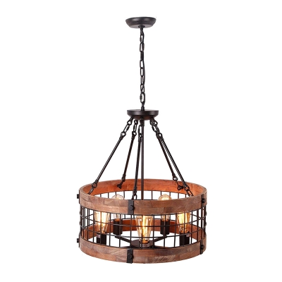 Metal Cage Drum Suspension Lighting Upwards Industrial Living Room Wood Rim 5-Bulb Chandelier