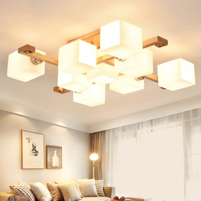 Modern Ceiling Light Glass Shade Wooden Ceiling Mount Semi Flush Mount for Bedroom