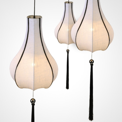 Modern Restaurant White Fabric Shade Pendant Lantern Design with Tassel 1-Light Hanging Lamp