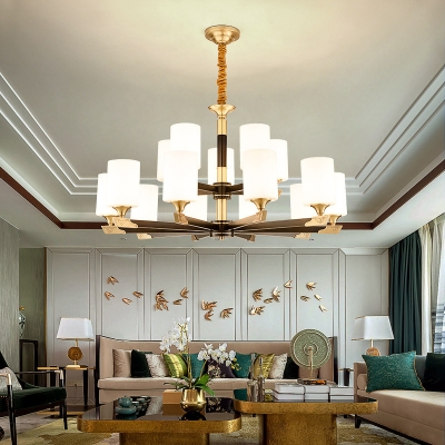 Radial Arm Modern Living Room Suspension Lighting White Frosted Glass Cylinder Shade Chandelier