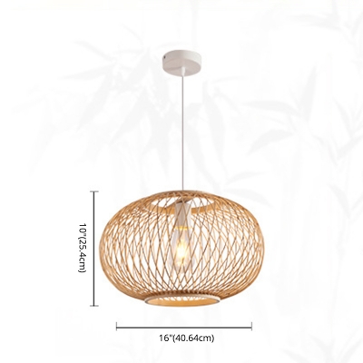 Round Bamboo Cage Asian Style 1-Bulb Pendant Beige Shade Hanging Lantern for Restaurant