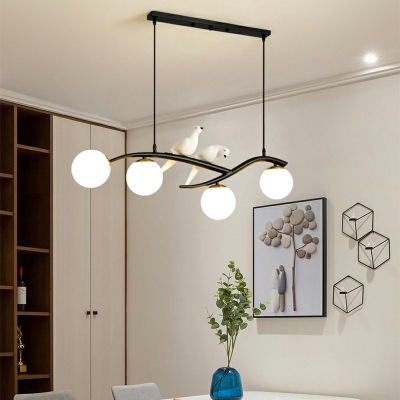 Sphere Dining Room Suspension Light Glass 4-Head Postmodern Island Lamp with Bird and Branch Decor