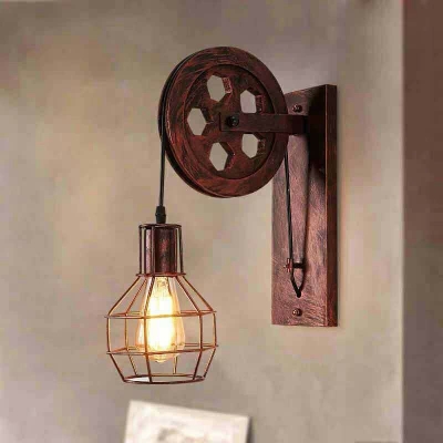 Vintage Wall Lamp 14.5 Inchs Height with Wheel Shape Arm and Metal Cage for Coffee Bar
