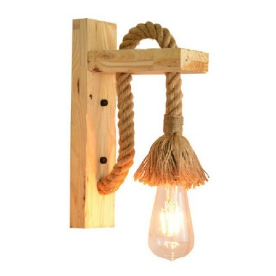 Wood Backplate Industrial Wall Sconce Natural Rope 1-Bulb without Shade Wall Lamp