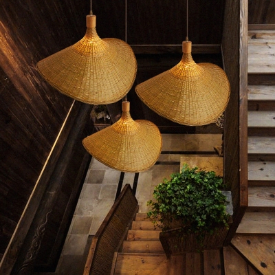 Beige Shade 1-Bulb Pendant Asian Style Restaurant Rattan Straw Hat Hanging Lamp