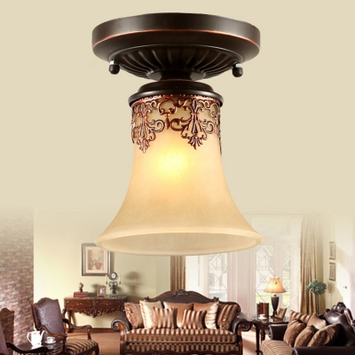 Bronze Metal Semi Flush Mount American Rustic Style Bell White Frosted Glass 1-Bulb Ceiling Light