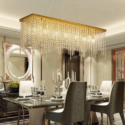 Contemporary Style Crystal Island Light Rectangle Tassel Dining Room Lighting Fixture in Gold
