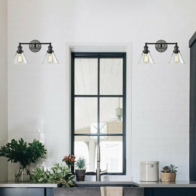 Industrial 2 Heads Vanity Wall Lights Black Metal Vanity Sconce Light with Cone Glass Shade for Bathroom