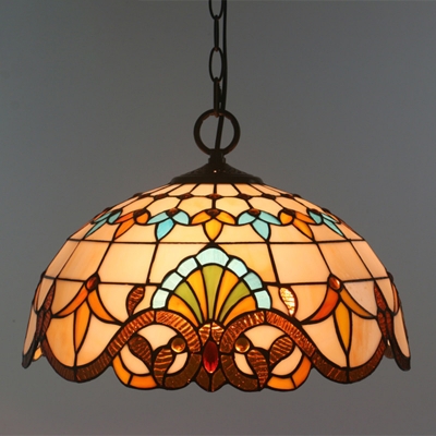 Stained Glass Bowl Pendant Lamp Victorian Style Ceiling Light for Balcony in Brown