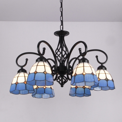 Tiffany Style Living Room Black Metal Arched Arms Suspension Lighting Blue Glass Dome Shade Chandelier