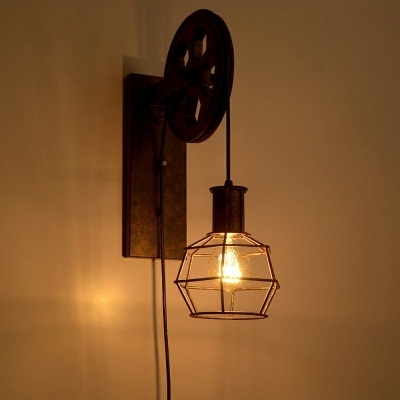 Vintage Wall Lamp 14.5 Inchs Height with Wheel Shape Arm and Metal Cage for Coffee Bar