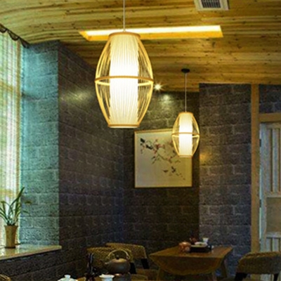 Wooden Oval Ceiling Lamp Asian 1 Head Bamboo 11 Inchs Wide Hanging Pendant Light for Restaurant