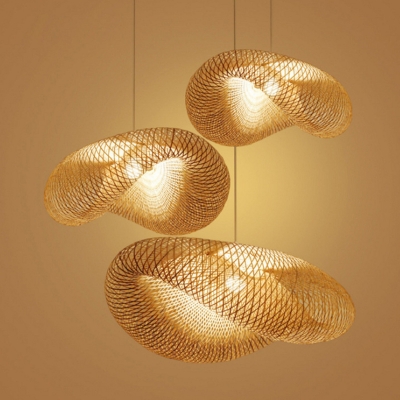 Asian Style Living Room Beige 1-Bulb Pendant Straw Hat Design Bamboo Hanging Lamp