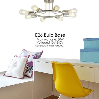 Bare Bulb Industrial Ceiling Light with 8 Light Metal Circle Ceiling Mount Semi Flush Ceiling Light for Living Room