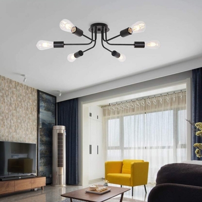 Bare Bulb Retro Industrial Ceiling Light Metal Circle Ceiling Mount Semi Flush Fixture for Living Room