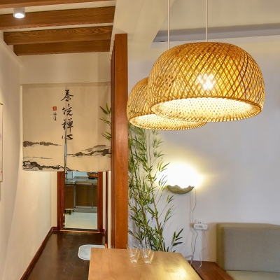 Bowl Shaped Asian Style Restaurant Pendant Beige Bamboo 1-Head Hanging Lamp