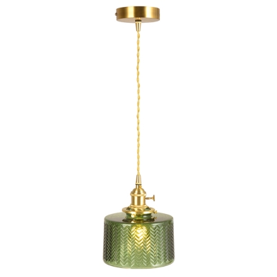 Brass Finish Cord Hung Pendant Industrial Cylinder Glass 1 Light Hanging Ceiling Light